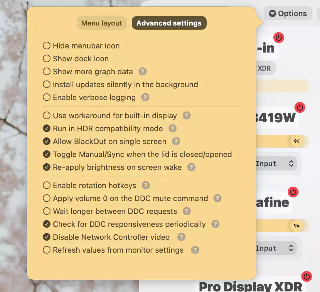advanced settings popover tab