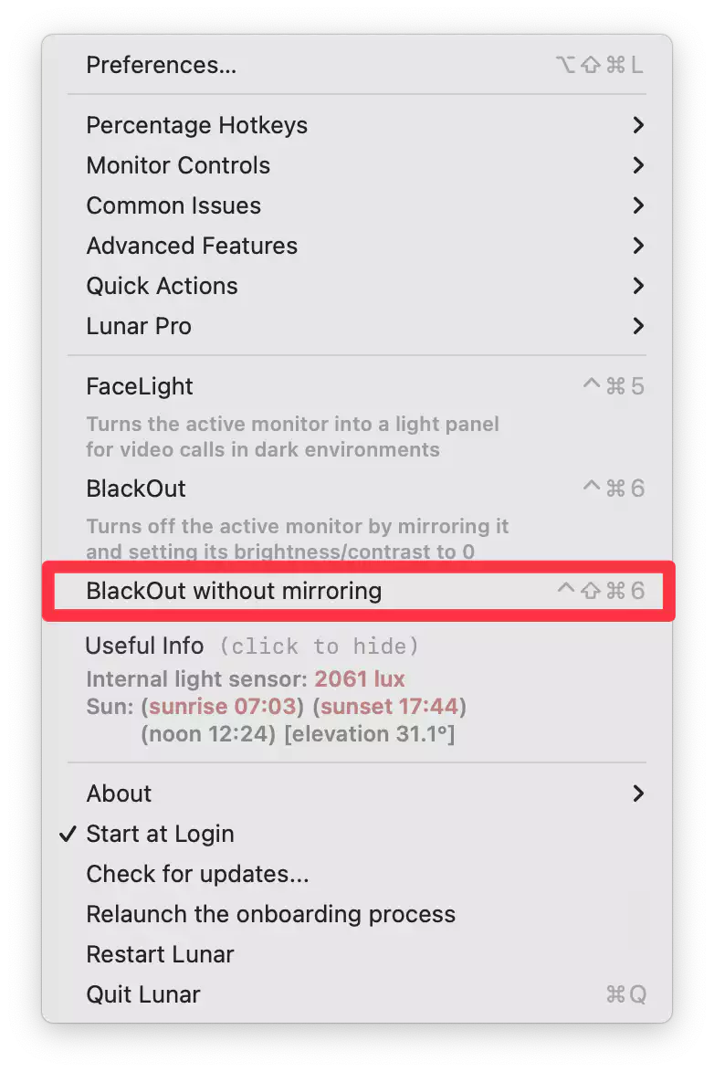 blackout without mirroring menuitem