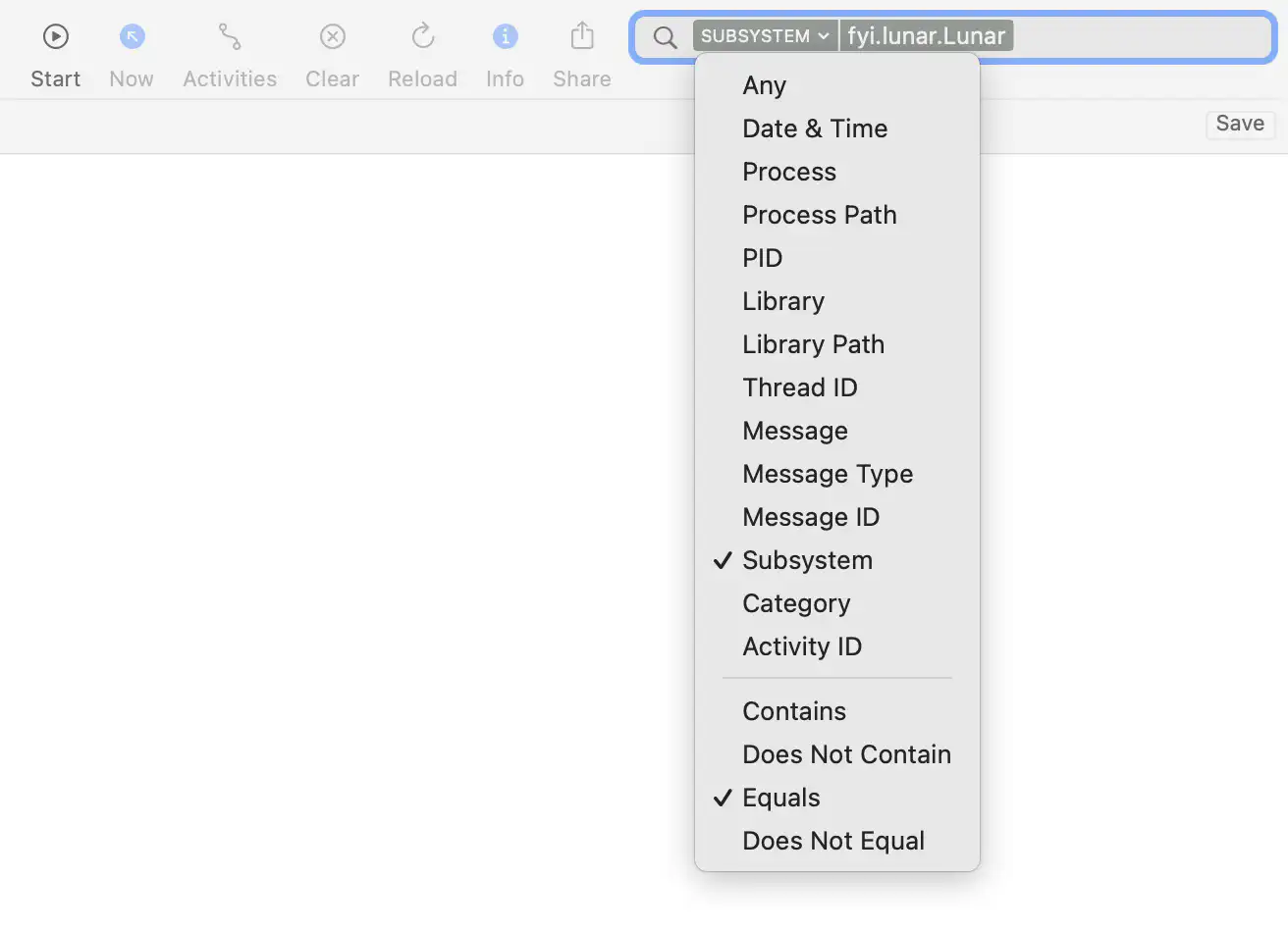 filtering console logs by subsystem