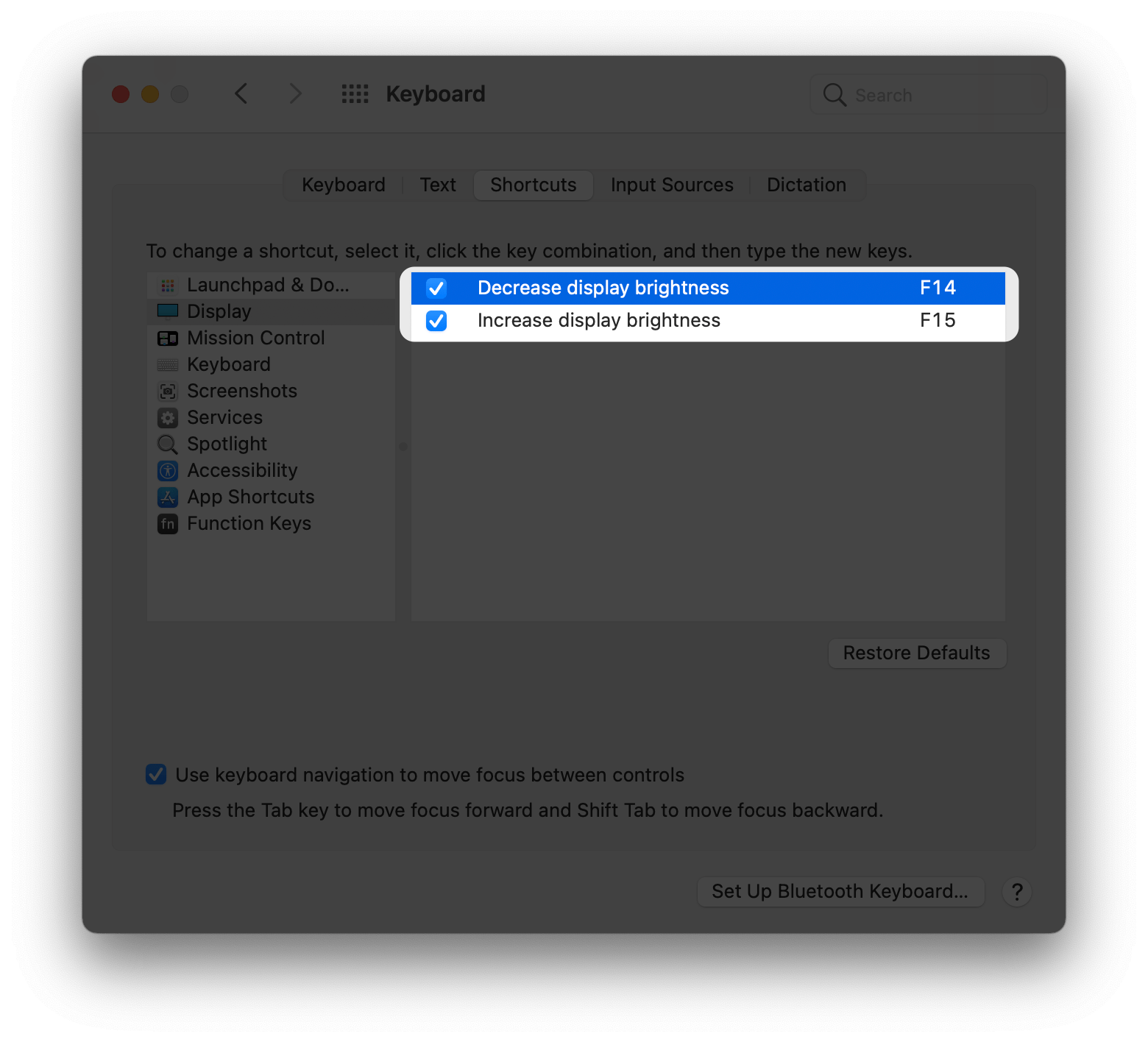 F14 F15 keys settings