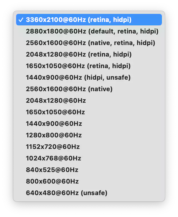 resolutions dropdown