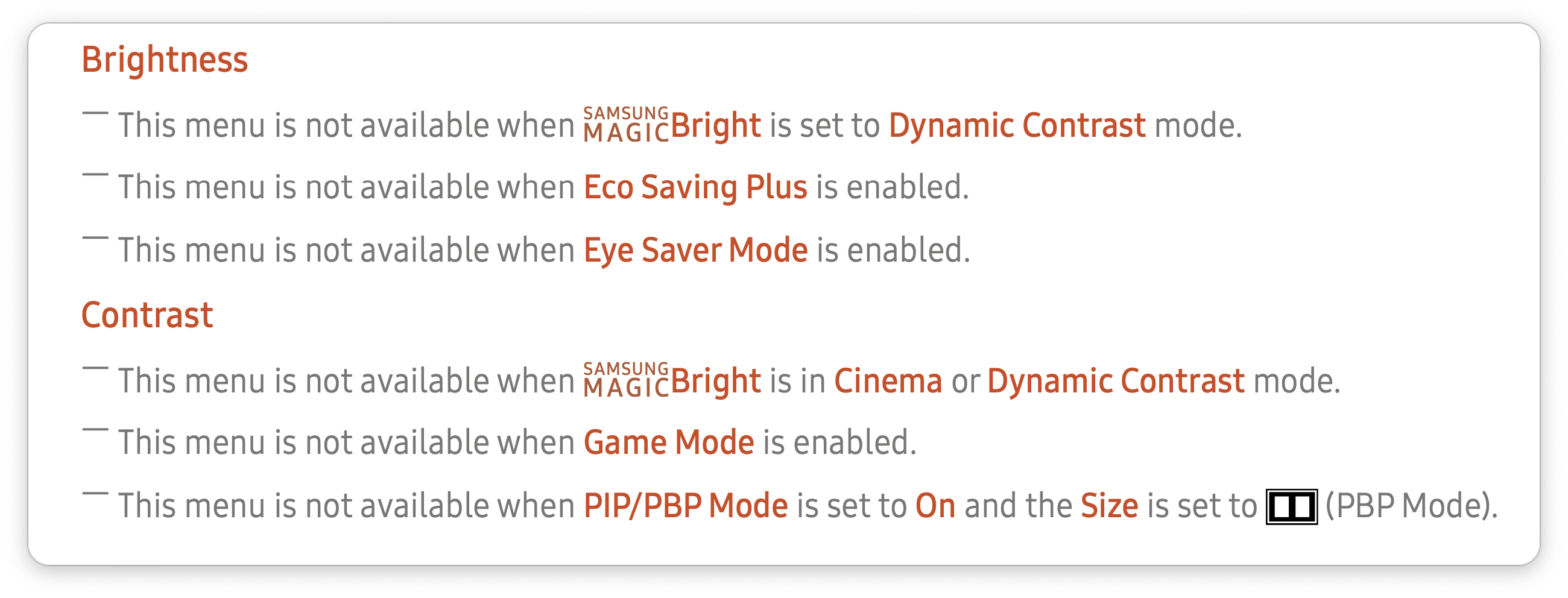Samsung manual excerpt saying which features block Brightness and Contrast adjustments